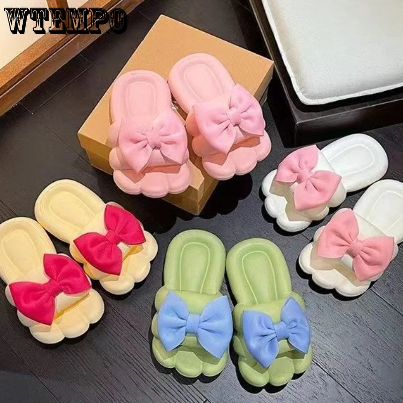 WTEMPO Women's Slippers Cute Bow Decorated Foot Shaped Slides 2023 Summer Fashion Thick Sole Soft Outdoor Sandals Wholesale