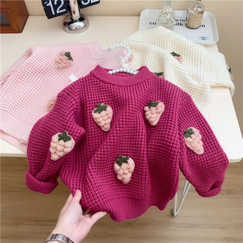 

Girls Sweater Wool Coat Knitwear 2022 Strawberry Thicken Warm Winter Autumn Windproof Cottons Children's Clothing