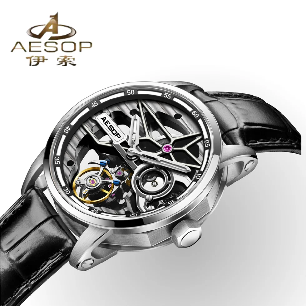 

AESOP Flywheel Tourbillon Men's Watch Skeleton Manual Hollow Mechanical WristWatch Sapphire Luminous Waterproof Clock