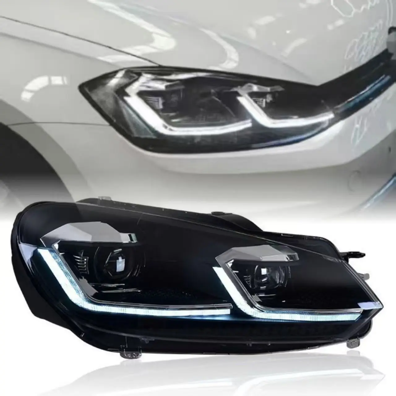 Фото Комплект передних светодиодных фар (левая + правая) для Volkswagen Golf 6 GTI 2009-2013, аналог F139, для дневного ходового освещения №2