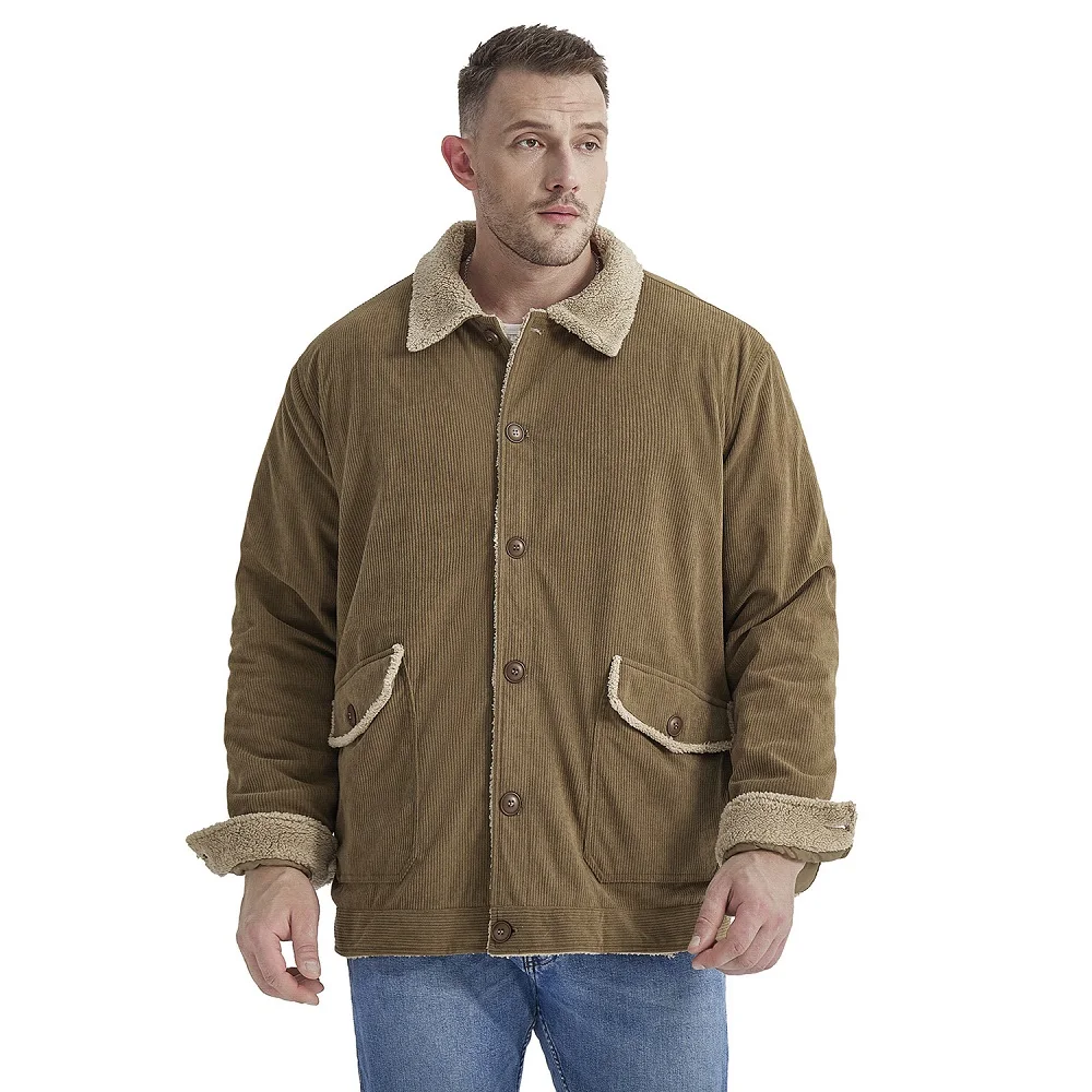US Size Mens Fashion Corduroy Plus Velvet Thick Warm Jacket Plus Size Lapel Loose Imitation Lamb Velvet Winter Coat Men Parka