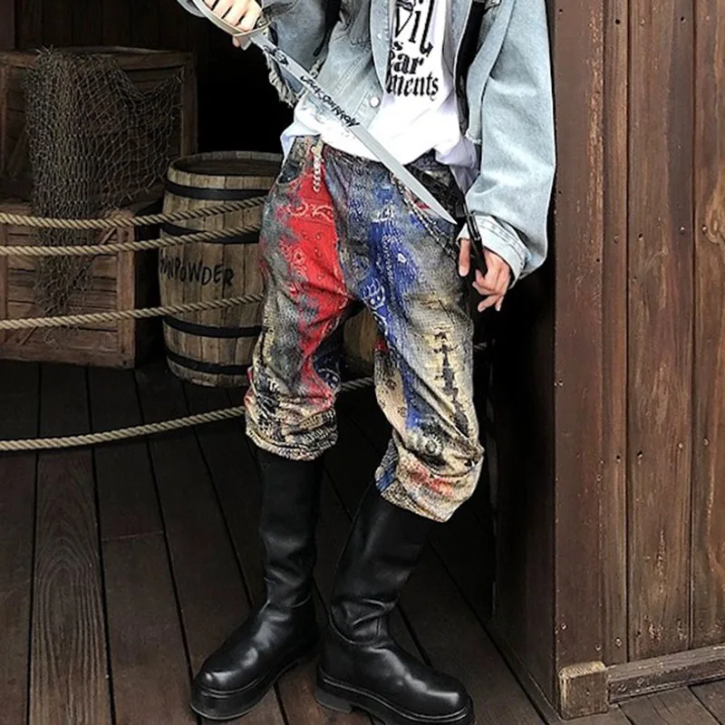 Винтажные потертые мешковатые рваные красные лоскутные джинсы для мужчин
