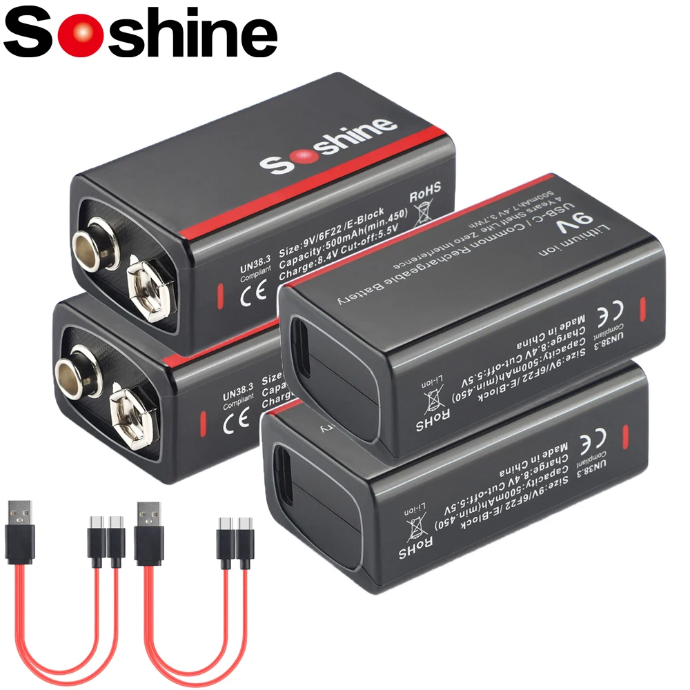 

Soshine USB Lithium-ion Battery 9V 500mAh Low Self-discharge Batteries Li-ion Rechargeable Batteries 1000 Times Cycle for Remote