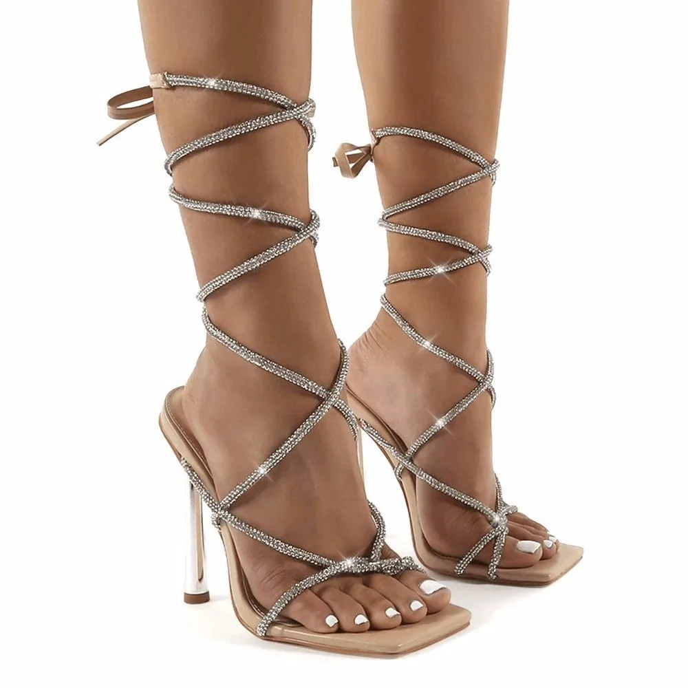 

Women's Shoes Sexy PU Cross-Tied Sandales Peep Toe Thin High Heels Bling 2022 NEW Summer Fashion Slip on Bordered Wedding Luxury