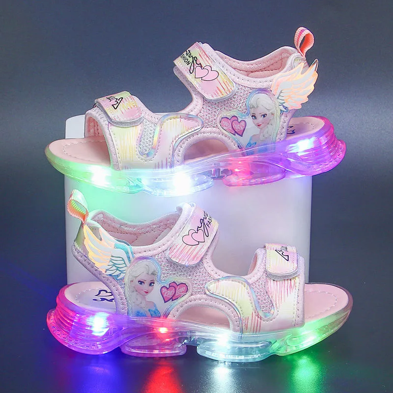 Disney children's shoes summer elsa girls mesh toe sandals beach shoes fashion ins frozen princess soft bottom led light sandals