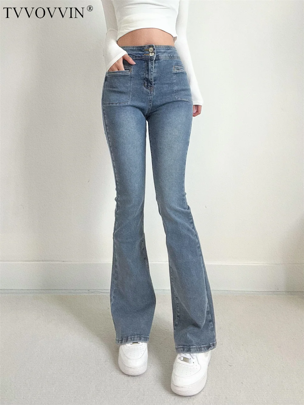 

TVVOVVIN Slim Washed High Waist Micro Flare Jeans Women Multi Pocket Style Spicy Girl Thin Early Spring Floor Pants 0GCX