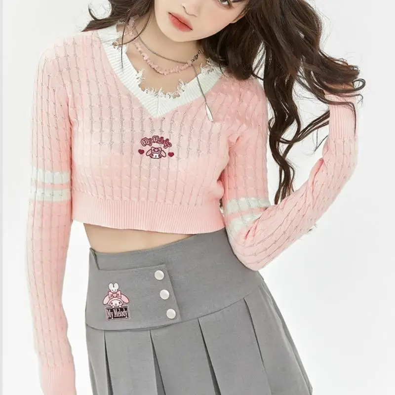 

Sanrio Mymelody Cinnamoroll New Section Knitted Long-sleeved Sweater Embroidered Short Section Sweet and Spicy Top Sweet Style