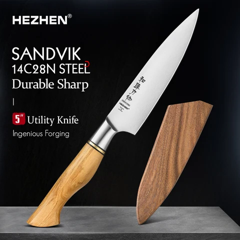 5-дюймовый многофункциональный нож HEZHEN Sandvik, кухонный нож из нержавеющей стали с ручкой из оливкового дерева, инструменты для пилинга, подарочная коробка