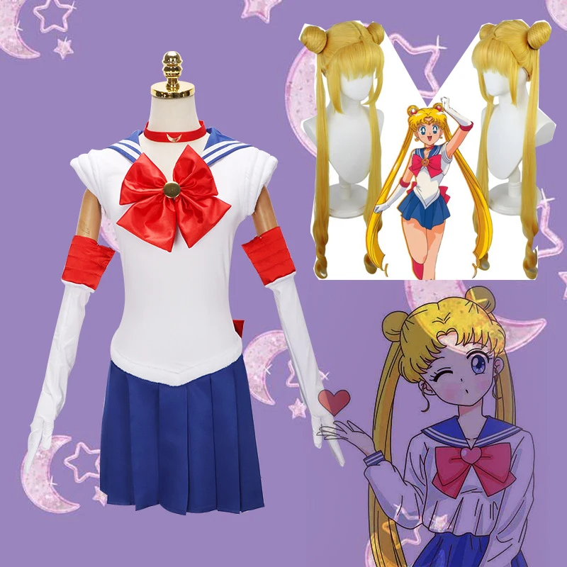 

Костюм для косплея Tsukino Usagi для девушек из аниме, Униформа, искусственный воин, одежда для косплея, желтый длинный парик, для Хэллоуина, для женщин