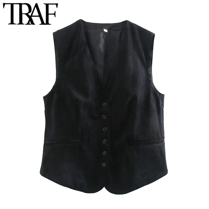 

TRAF Women Fashion Front Button Velvet Waistcoat Vintage V Neck Sleeveless Female Outerwear Chic Vest Tops