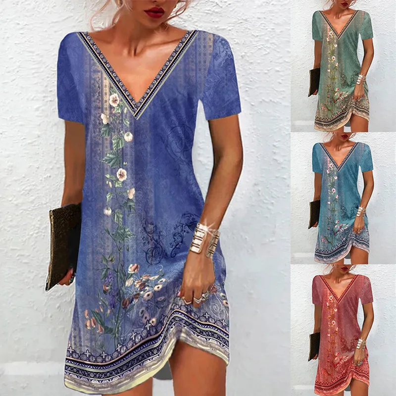 

Vintage Style Ethnic Dress Women Summer V Neck Floral Print Dress Casual Loose Fit Short Sleeve Comfortable Elegant Beach Dress