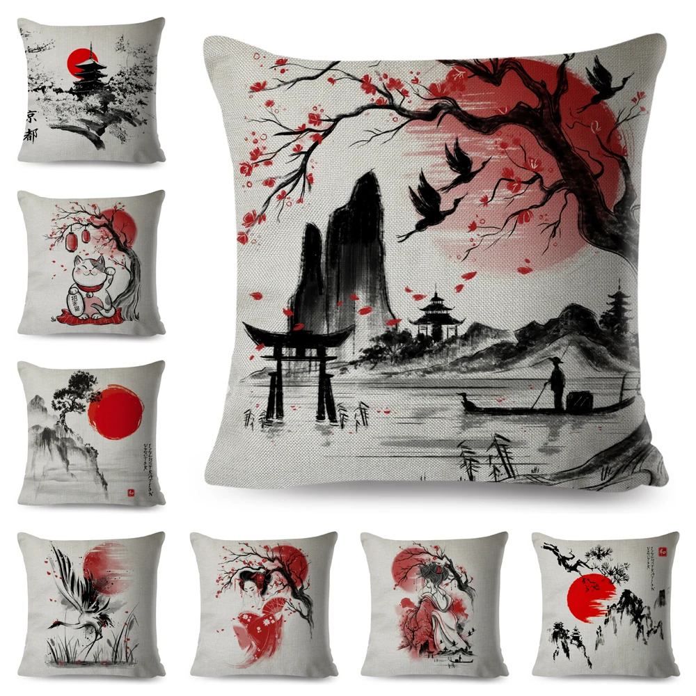 

Japanese Style Ink Cushion Cover for Sofa Home Car Decor Beautiful Scenery Cat Girl Pillowcase Polyester Pillow Case 45x45cm