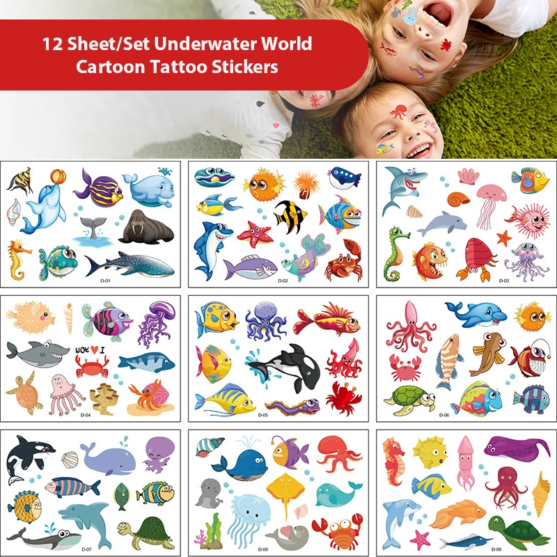 

12 листов в наборе, Детские Мультяшные тату-наклейки «Морской мир», милые 3D морские животные, подарки вечерние, временные наклейки, детские и...
