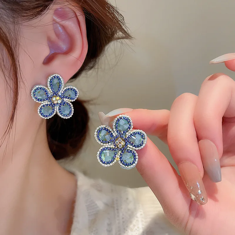 

Minar Vintage Multicolor Crystal Flower Earring for Women Shiny Rhinestones Pearl Cloth Floral Hanging Dangle Earrings Jewelry