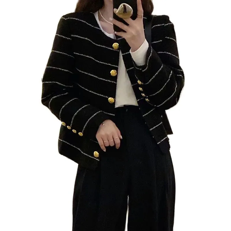 

Striped Coarse Tweed Small Fragrant Wind Woolen Coat For Women's Autumn Winter New Lady Woolen Blazer Long Sleeved Short Top