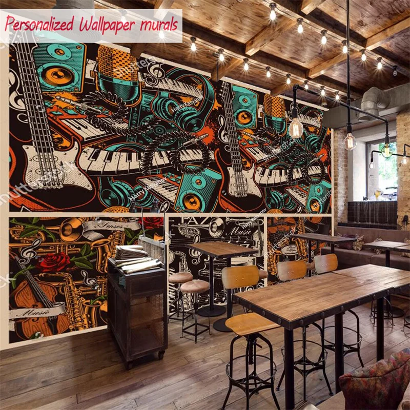 

Custom Graffiti Different Musical Instruments Wall Paper 3D Music Fans Restaurant Bar Club Industrial Decor Mural Wallpapers