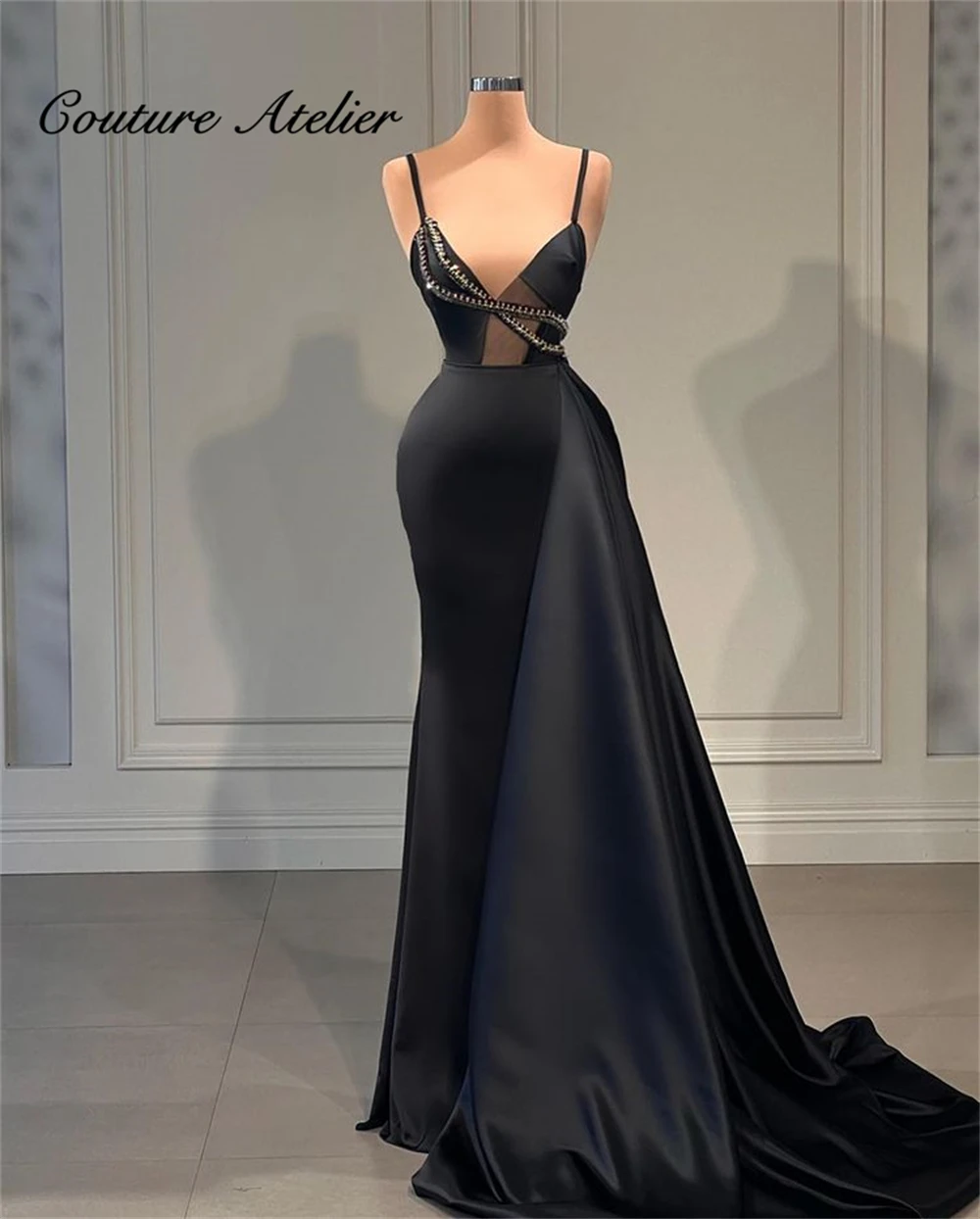 

Black Evening Gown Spaghetti Women Dresses For Party And Wedding Mermiad Prom Dress With Cape Satin فساتين السهرة