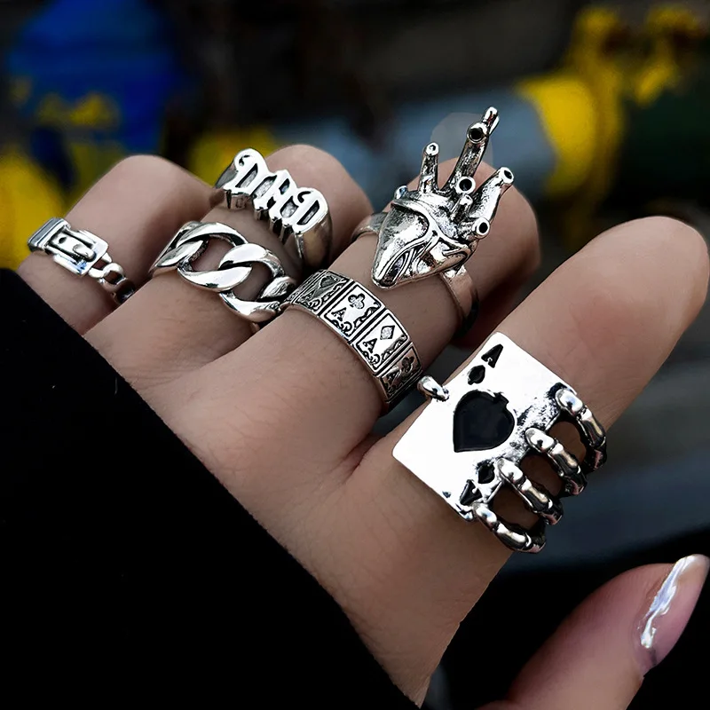 6pcs Gothic Spades A Oil Drop Ring Personality Playing Card DAD Chain Heart Ring Hip Hop Dark Wind Aesthetic Accessories Women