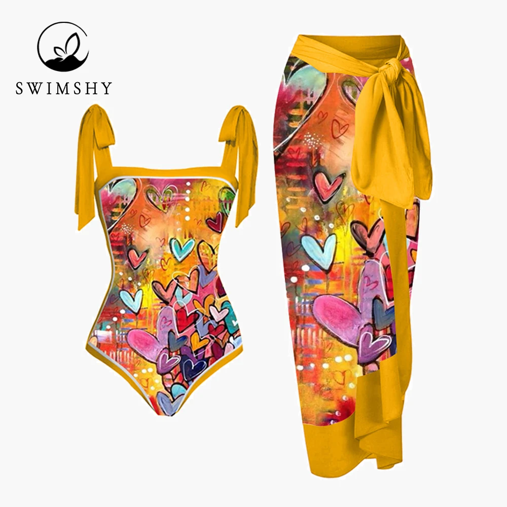 

Fashion Colorblock Heart Print One Piece Swimsuit Set Luxury Chic Bikini Vacation Beach Outfits Lacing Up Swimwear Backless 2022
