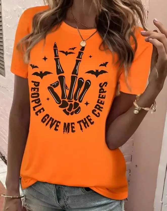 

Fashion Woman Blouse 2023 Summer New Casual Daily Short Sleeve Halloween People Give Me The Creeps Skeleton Hands Bat Print Top