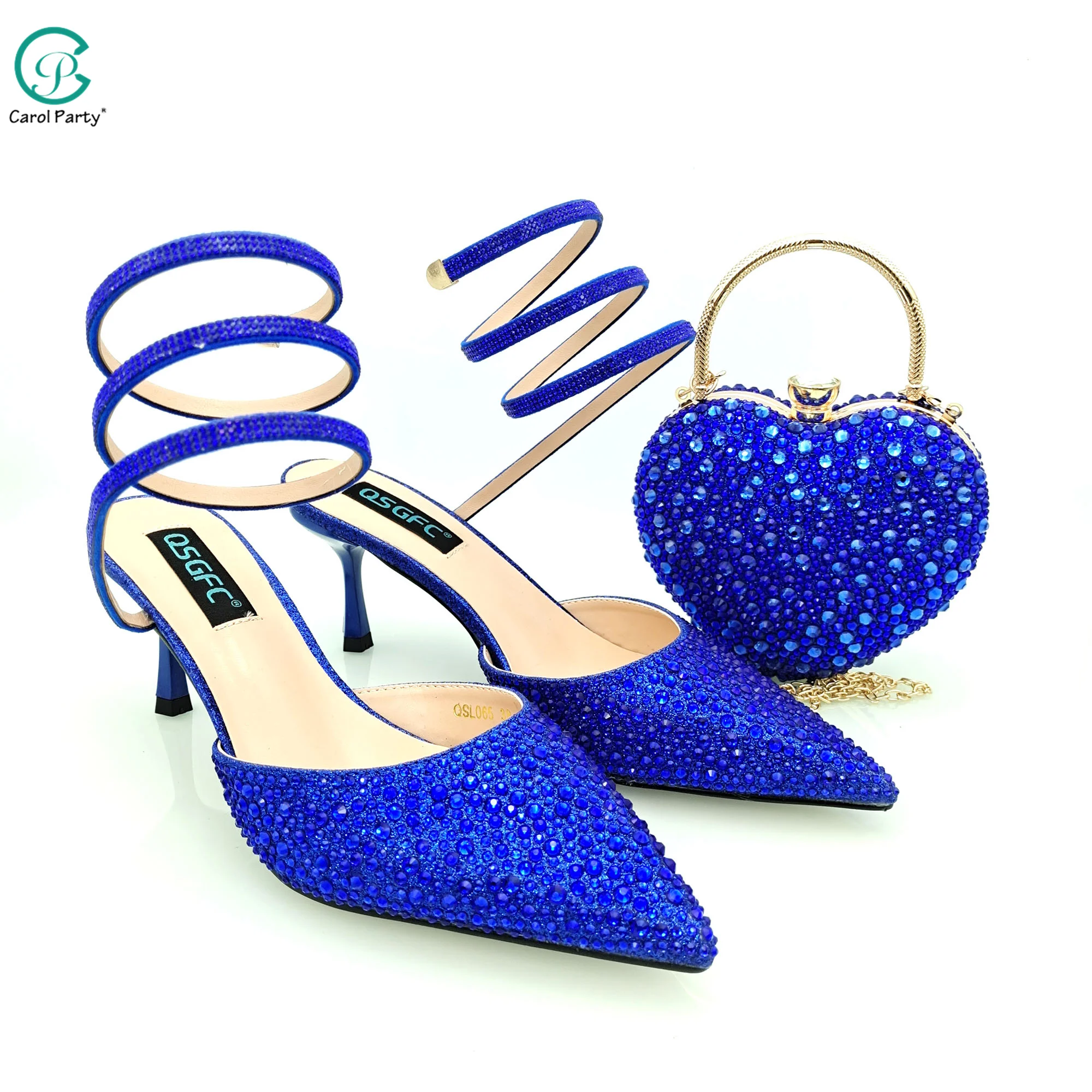 

QSGFC Italian Design Royal Blue Flash Diamond Decoration Simple And Versatile Elegant High Heels Party Young Girl Shoes And Bag