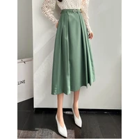 fashion 2022 solid spring women skirts high waist sweet girls pleated skirt fashion sashes knee length thin skirts for wome