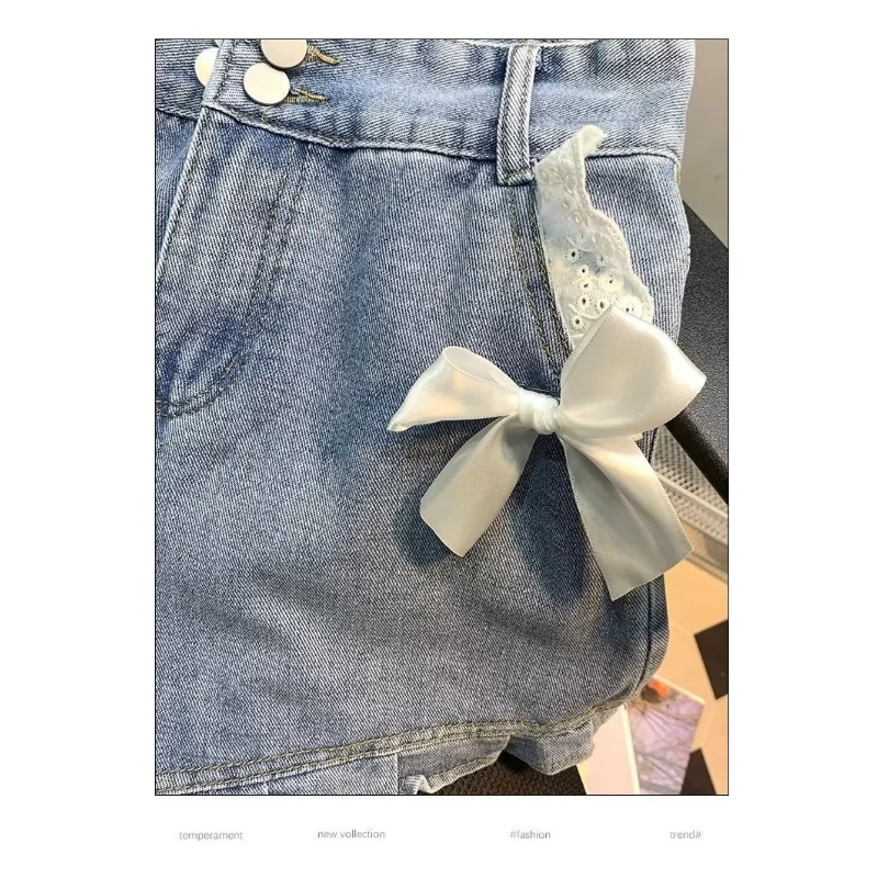 Girly Denim Shorts 2023 Summer New Lace-trimmed Bow Decoration Loose A-line Jeans Shorts Japanese Style Thin Pants Summer Attire