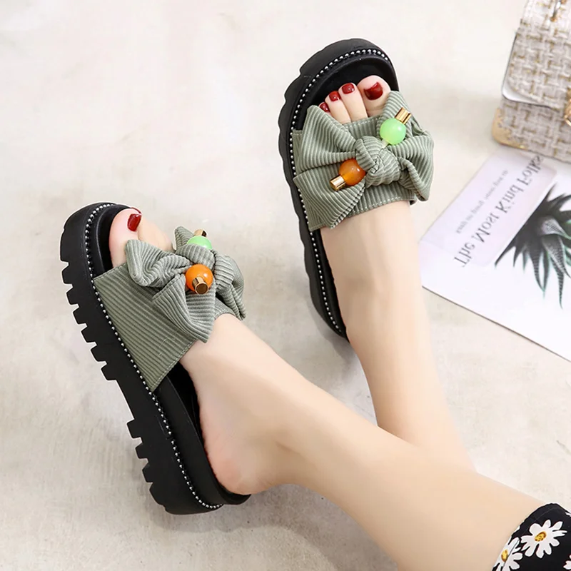 

Flat Shoes Female Slippers Casual Med Slipers Women Flock Butterfly-Knot Slides Platform Luxury Soft 2022 Fabric Fashion PU Butt