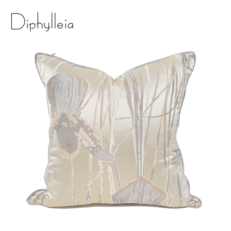 

Diphylleia Chinese Courtyard Style Throw Pillow Cover Lotus Flower Jacquard Decorative Cushion Case 50x50cm Elegant Ivory Color