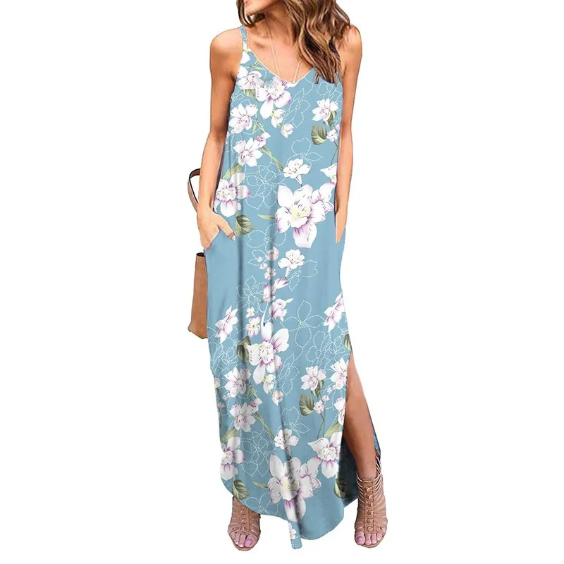 

Women Summer Split Dress Strapless élégante Robe été Femme Sleeveless Sexy Floral V Neck Vestidos Women French Pockets Sundress