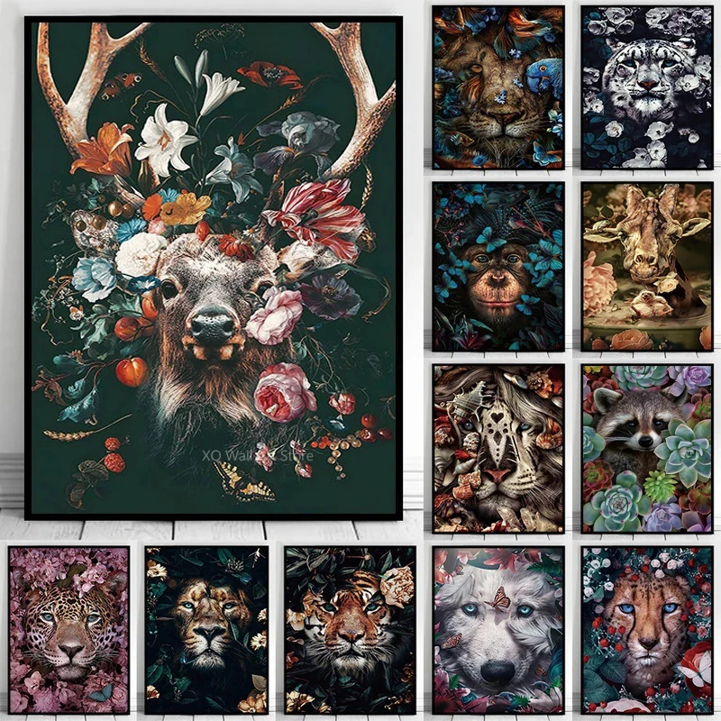 

Modern Abstract Flowers Animal Canvas Art Painting Lion Tiger Deer Decorative Posters and Prints Office Picture Home Wall Decor