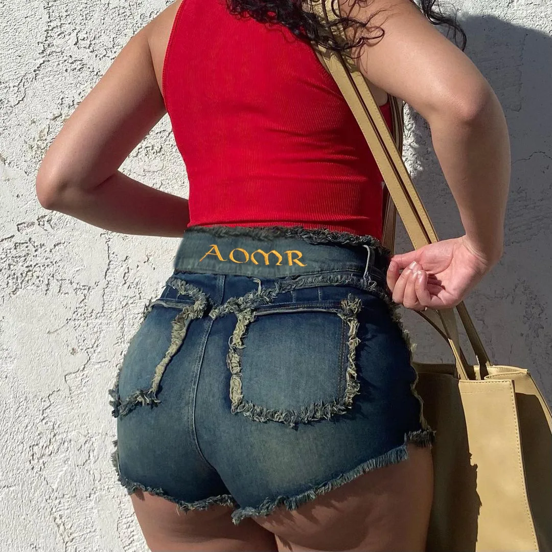 Fashion Denim Shorts Vintage Distressed Letter Print High Waist Slim Short Jeans Female 2023 Summer Streetwear Classic Y2K