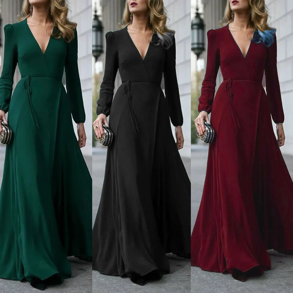 Women Sexy V Neck Long Sleeve Formal Maxi Dress Solid color Bandage Office Ladies Evening Party Prom Gown Autumn Dresses
