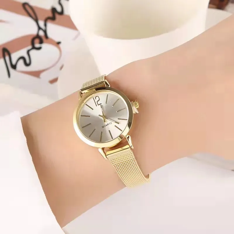 Женские кварцевые часы с сетчатым стальным браслетом под розовое золото 18 К -