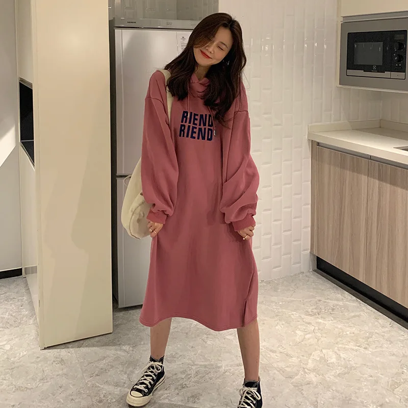 

American retro embroidered hooded knee length sweater long skirt women's velvet thickened oversize design long skirt