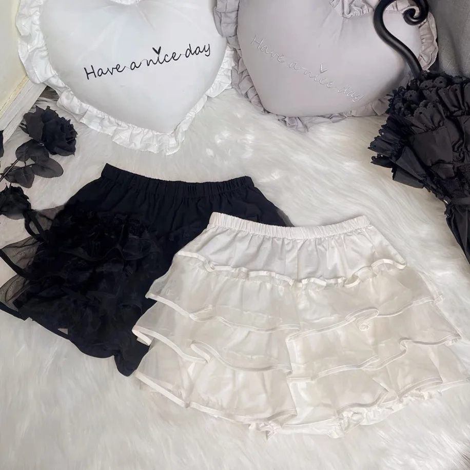 New Summer Pumpkin Cake Shorts Skirts Sweet Lolita Tiered Shorts Girls Cute Bow Lace  Short Pants Women  Ruffles Y2k Bloomers