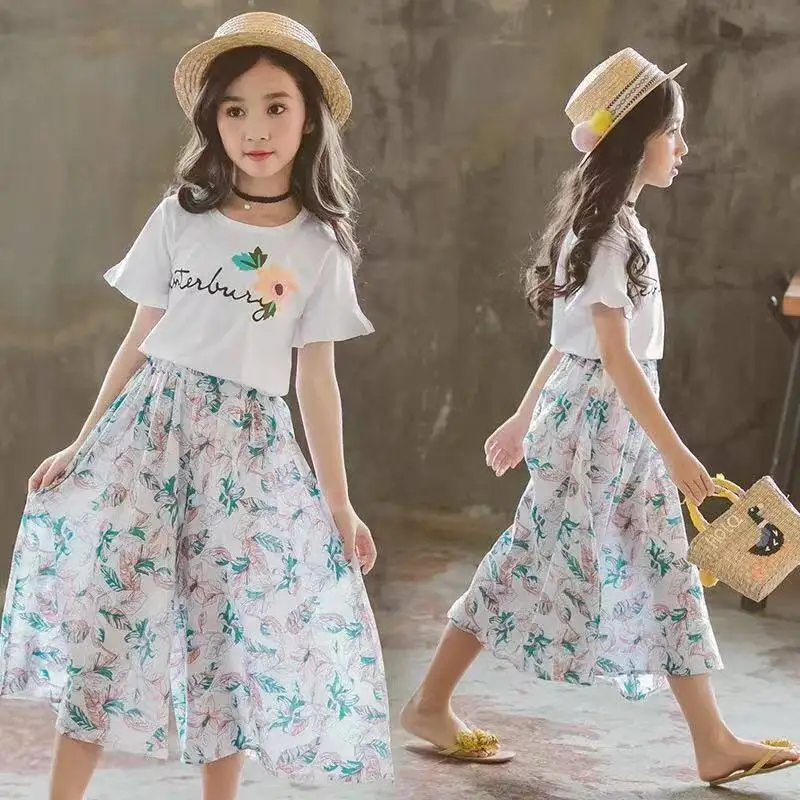

Girls Summer Sets Clothing New Fashion Wide Leg Pants Short Sleeved Suit Girl Casual Princess of Sets 2-12 Years Children's Sets