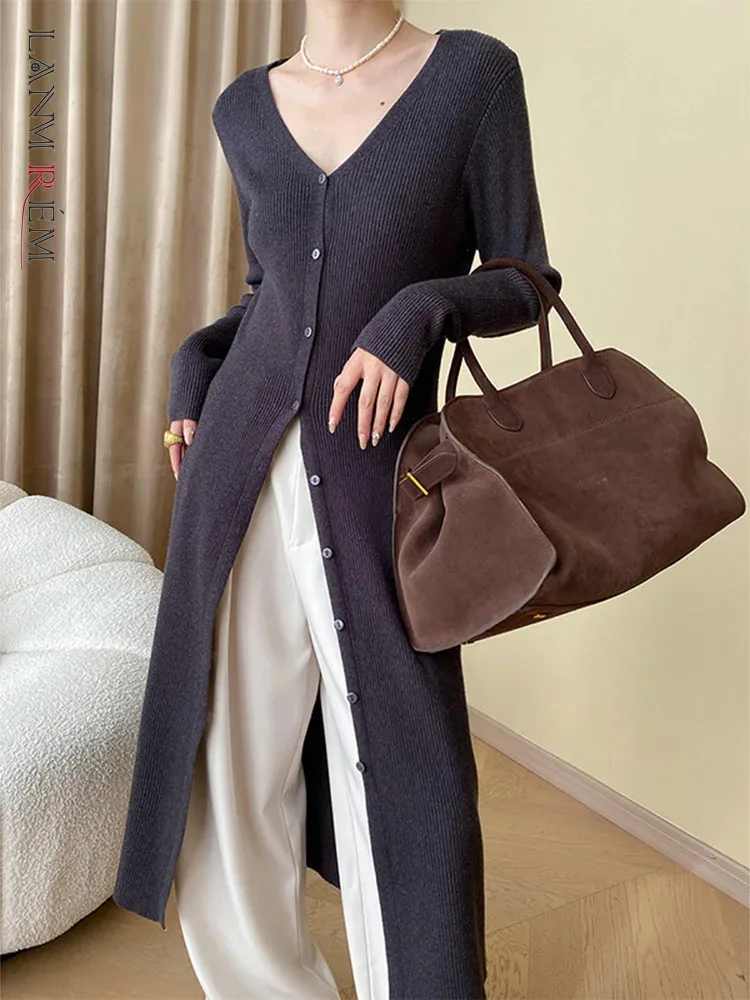 

LANMREM Knitted Sweaters For Women V Neck Single Breasted Slim Long Cardigan Female Fashion Clothing 2023 Winter New 2DA2424