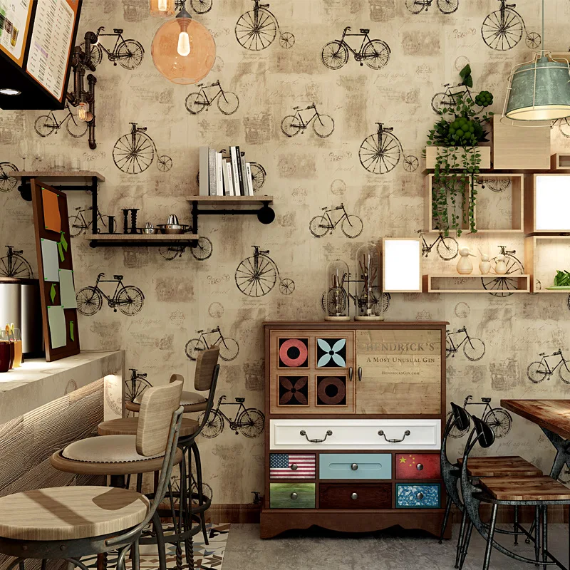 

Retro Nostalgic Wallpaper Bicycle English Alphabet Clothing Store Cafe Restaurant Industrial Style Loft Wallpaper