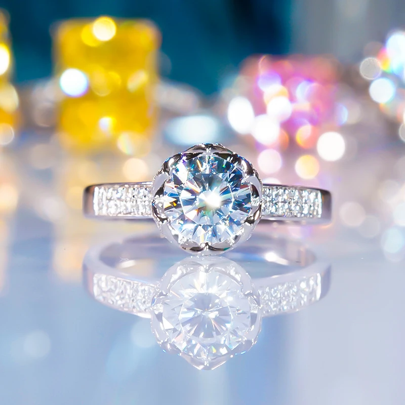 

QINHUAN Flower Bud Moissanite Ring Women's Luxury Group Set Sterling Silver 6 Prongs Double Row Diamond Ring Engagement Ring