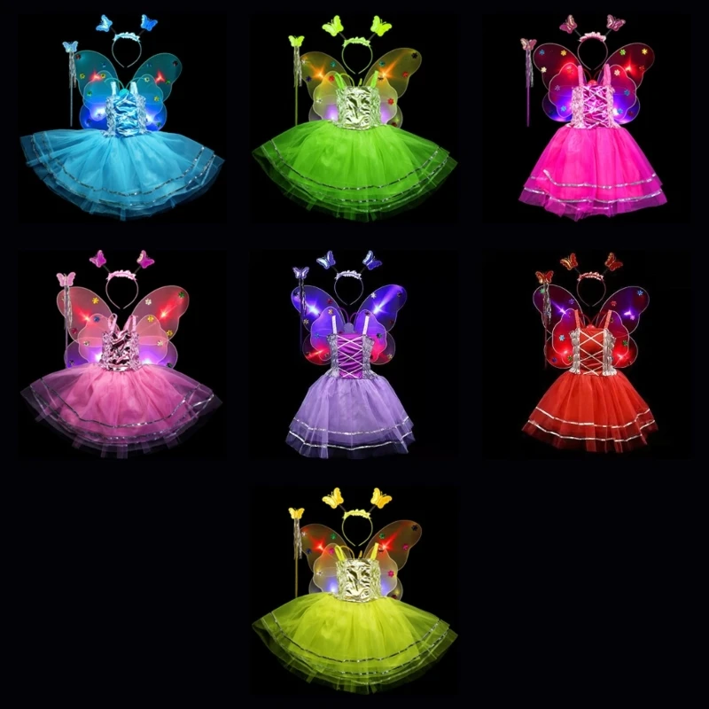 

4pcs Kids Girls Fairy Cosplay Costume Set Metallic Sleeveless Tutu Dress LED for butterfly Angel Wing Wand Headband Fancy Dress