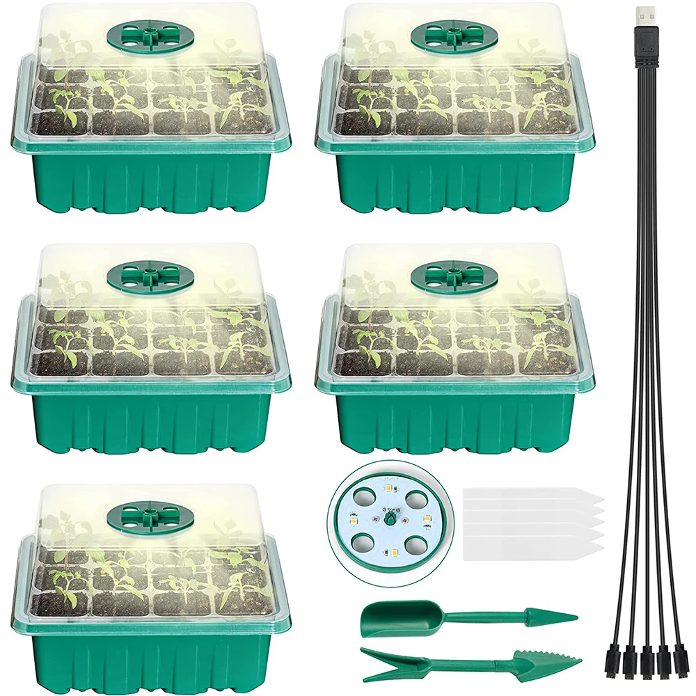 

5-Pack Seed Starter Trays with Grow Light, Adjustable Humidity Seed Germinator Tray, Seedling Tray Growing Kit, Total 60 Cells