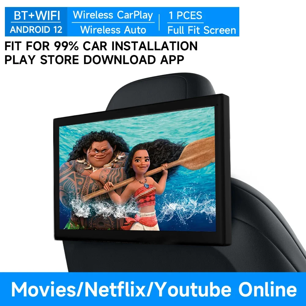 

10,1-дюймовый автомобильный монитор на подголовнике Android, IPS-телевизор с сенсорным экраном для заднего сиденья, Wi-Fi BT CarPlay, поддержка Netflix/YouTube, видеоплеер 4K