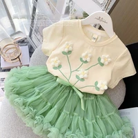 girls short sleeve suit summer new childrens half sleeve embroidered t shirt mesh skirt two piece girl sets