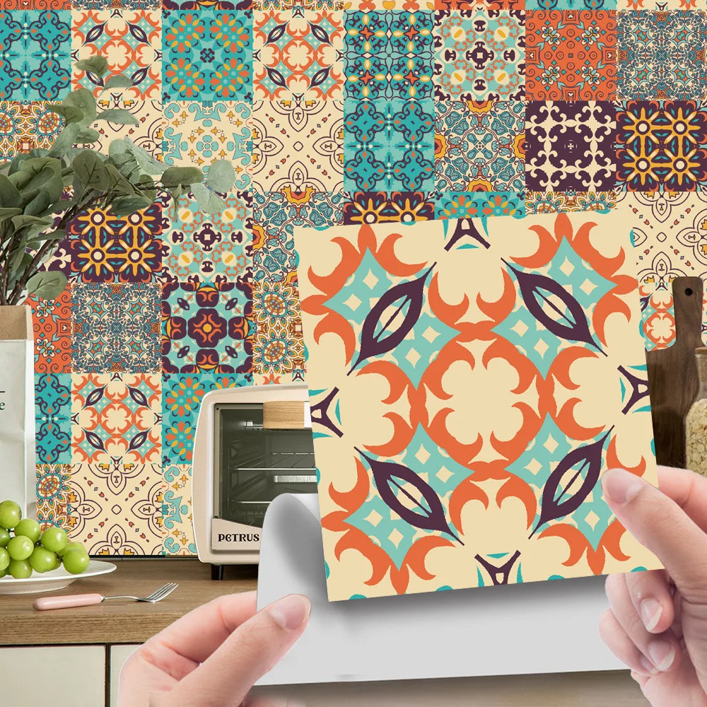 

New 24PCS Detachable Retro Wallpaper Mandala Pattern Tile Wall Sticker Self Adhesive Kitchen Bathroom Film Room Decor
