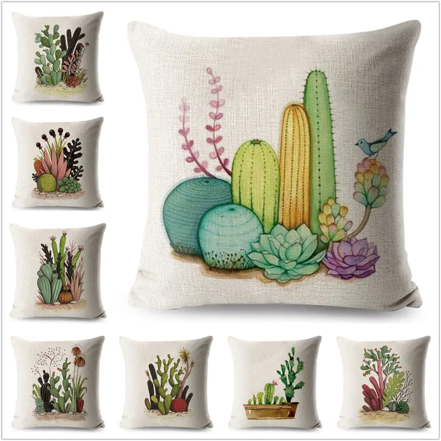 

Watercolor Cactus Pillow Case Decorative Bonsai Plant Printed Flower Pillowcase Polyester Cushion Cover for Sofa Home 45x45cm
