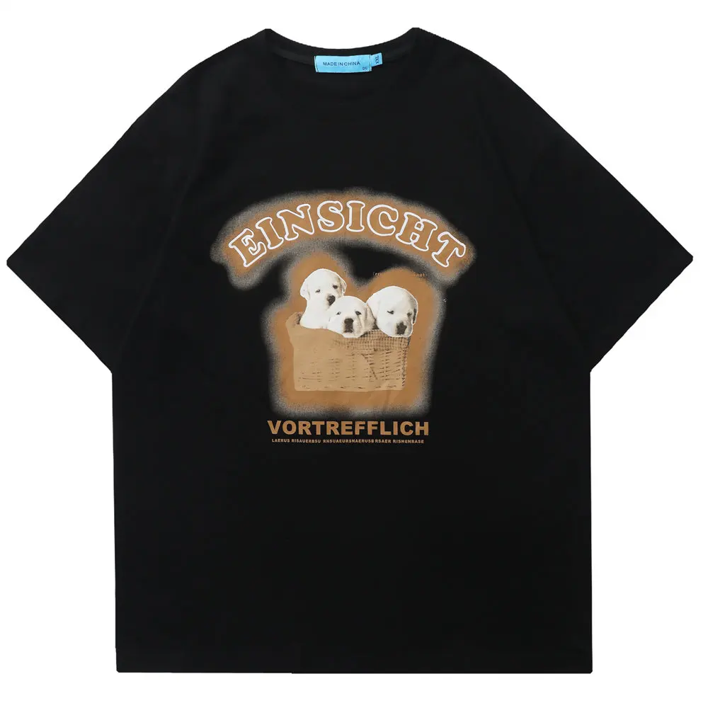 

Oversized T-shirt Men Cute Little Puppy Print Cotton Stitch Top Men's Clothing Harajuku Casual Oversized Short Sleeve T Shirts