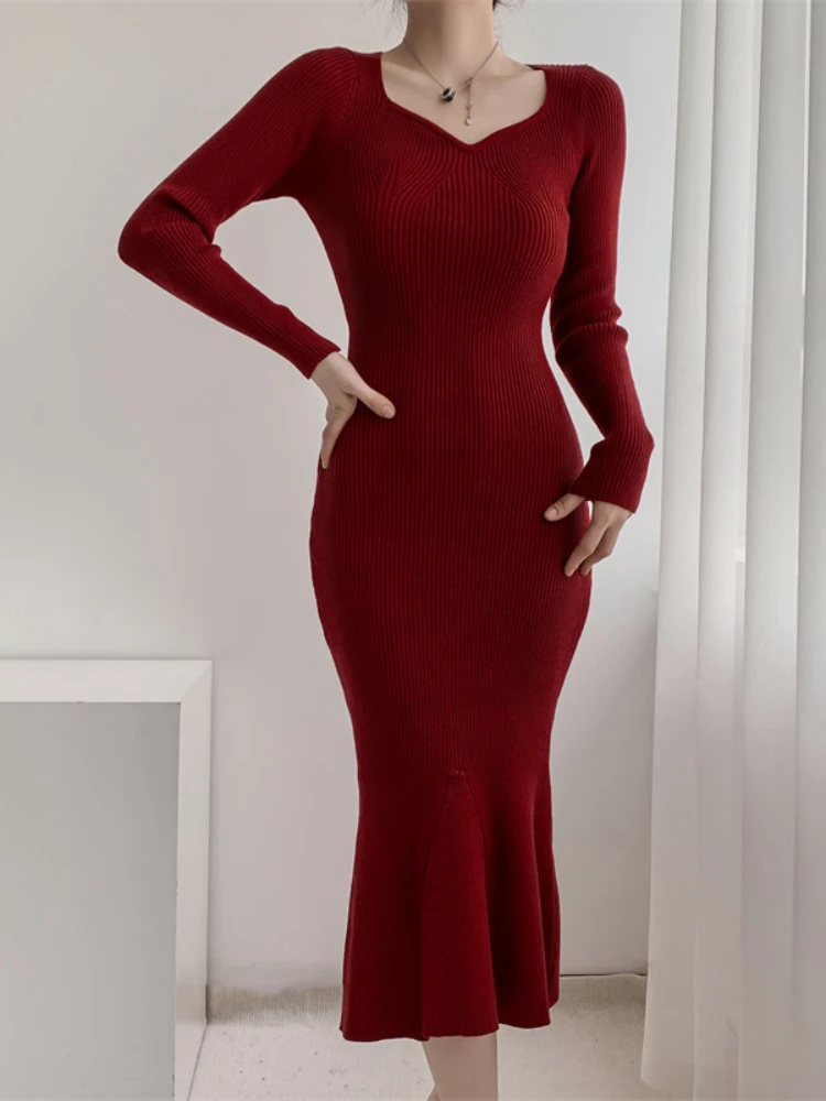 

Осень 2023, тонкое однотонное трикотажное платье с длинным рукавом, женский свитер в Корейском стиле, элегантное вечернее платье