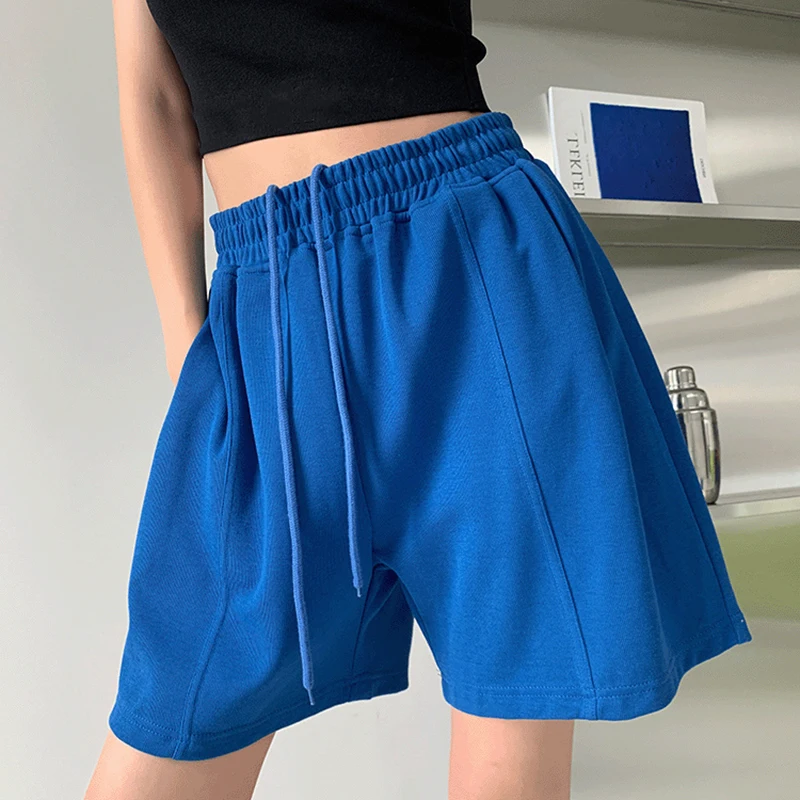 2022 Summer Casual Shorts Women Solid Color Elastic Waist Wide Leg Shorts Woman Blue Green Black Loose Sports Short Pants