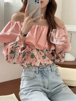 new fashion sexy women casual blouses elegant ruffles shirt chiffon loose top vintage floral print female clothes puff sleeves
